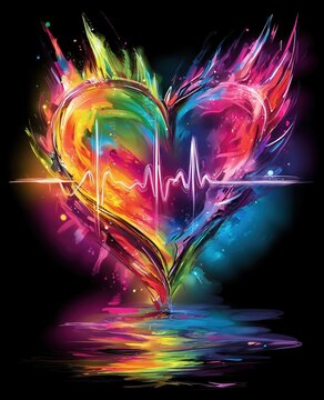 Vertical image of a simple, stylized heart shape filled with horizontal rainbow stripes red, orange, yellow, green, blue, purple and outlined with a vibrant, glowing electrical cyberpunk effect
