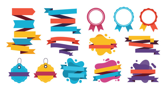 A vibrant collection of modern flat design banners, ribbons, badges, and tags in various shapes and colors for marketing, sales, and decorative purposes.