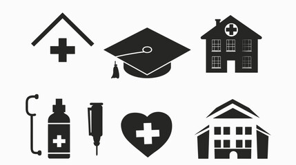 Complete collection of black silhouette graduation cap and house icons