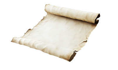 Aged vintage scroll of blank parchment paper texture isolated on transparent background