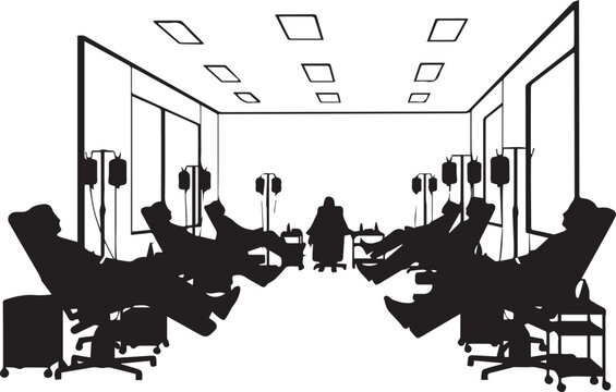 Silhouette of people donating blood in a modern clinic setting with iv drips and reclining chairs.
