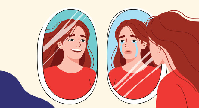A woman's reflection reveals contrasting emotions: one mirror shows a happy, smiling face, while the other displays a sad, crying expression, symbolizing hidden feelings or mental health struggles.