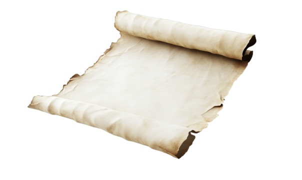 Aged vintage scroll of blank parchment paper texture isolated on transparent background