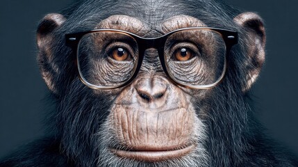Chimpanzee wearing glasses looking directly at the camera with a serious expression.