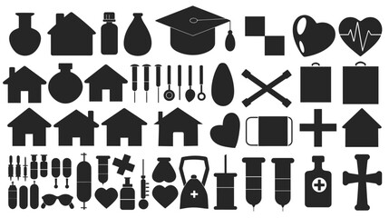 Complete collection of black silhouette graduation cap and house icons