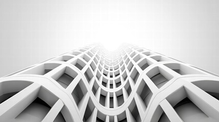 Modern white architectural design with a unique grid and curved structure, viewed from below.