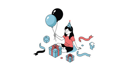 Obraz premium A young girl celebrates her birthday surrounded by gifts balloons and party decorations.