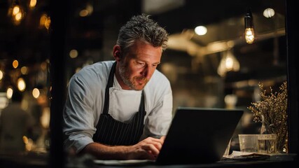 Restaurant manager working late at night on laptop organizing finances and planning menu updates in a busy kitchen environment