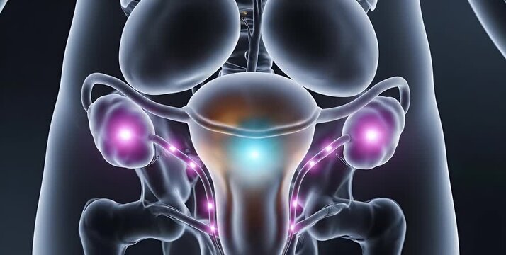 Female reproductive system anatomy with ovaries, uterus, and fallopian tubes.