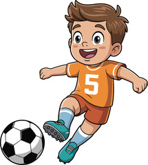 Cheerful cartoon boy playing soccer kicking football, happy child athlete in sports uniform, energetic kids sports activity illustration, isolated design
