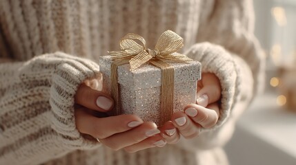 A woman is holding a white box with a gold ribbon on it. The box is wrapped in gold and silver, and it is a gift. The woman is wearing a white sweater and has her hands wrapped around the box