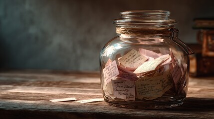 A jar full of notes is on a wooden table. The notes are written on different pieces of paper and are of various sizes. The jar is filled with the notes, and it is a collection of memories or thoughts