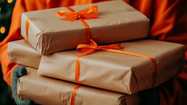 selective focus stack of presents festive concept