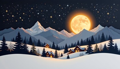 Fototapeta premium holiday village silhouette layered with paper texture, moonlight shining behind mountains.