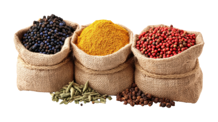 Three burlap sacks of spices isolated on a transparent background