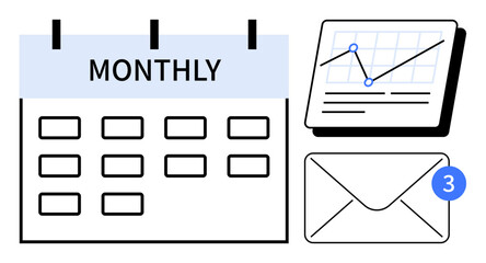 Monthly calendar alongside a data analytics chart and an envelope with unread messages. Ideal for productivity, scheduling, communication, reporting, project planning, organization, simple flat