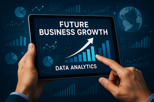 Data analytics for future business growth with digital tablet showing upward charts and graphs representing successful financial strategy