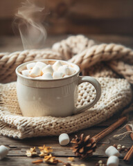 cozy hot chocolate mug with marshmallows on a rustic wooden table, surrounded by a knitted blanket and winter spices
