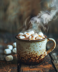 steaming mug of hot chocolate with marshmallows on rustic wooden surface