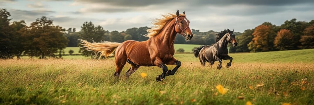 Two Majestic Horses Galloping Through a Lush Meadow Field Under a Clear Blue Sky in Nature