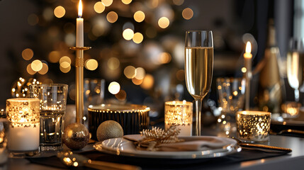 elegant new year's eve or christmas table setting with golden decor and candles