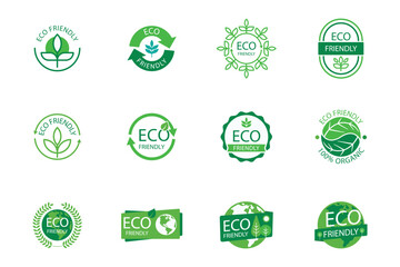 Green eco label icons representing sustainability, recycling, and environmentally friendly themes.