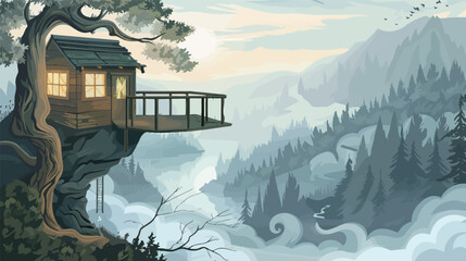 Cliffside treehouse overlooking a misty canyon scenic illustratio