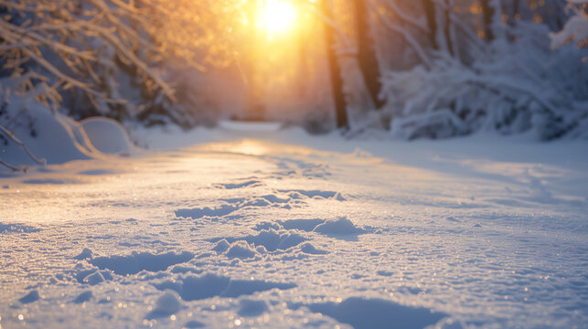 footprints in snow on forest path during golden sunrise