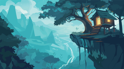 Cliffside treehouse overlooking a misty canyon scenic illustratio