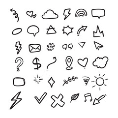 A collection of hand-drawn doodle icons and symbols, including arrows, hearts, clouds, lightning, speech bubbles, and various shapes, on a white background.