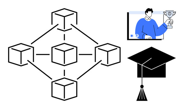 Blockchain network with connected nodes, online learning with a person holding a trophy, and a graduation cap icon. Ideal for education, blockchain, e-learning, innovation, success, achievement