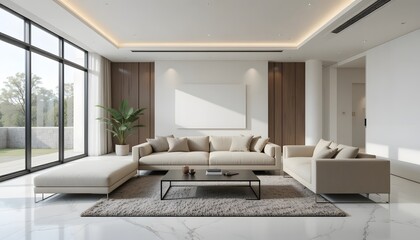 Minimalist Living Room with Polished White Marble Flooring