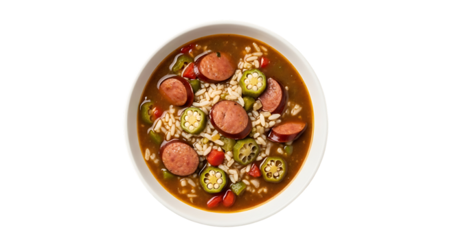 Hearty bowl of gumbo, with sausage okra and rice in a white bowl, isolated on transparent background, cutout, PNG - Powered by Adobe