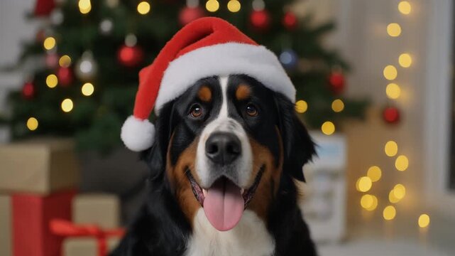 Cute dog wearing a christmas hat with lights and decoration in the background