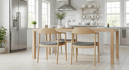 Modern minimalist kitchen with light wooden dining table and chairs.