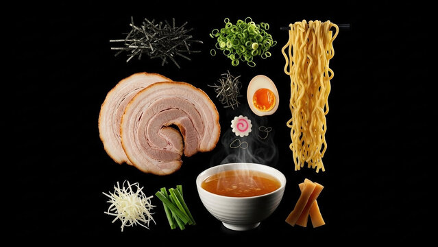 Breakdown of food ingredients of Japanese Ramen against a black background
