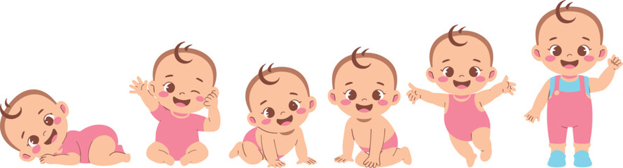 Cute baby growth stages cartoon illustration set, newborn to toddler, adorable infant development poses, happy baby activities, child milestones artwork