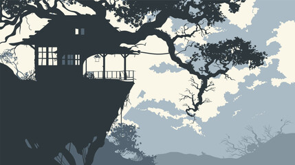 Cliffside treehouse overlooking a misty canyon scenic illustratio
