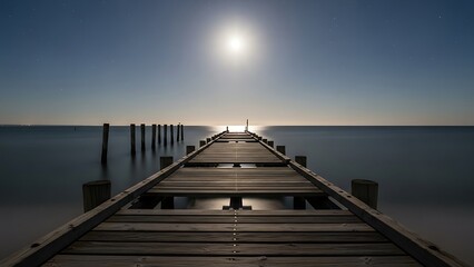 Long wooden pier stretching towards a bright moonlit horizon over a calm ocean