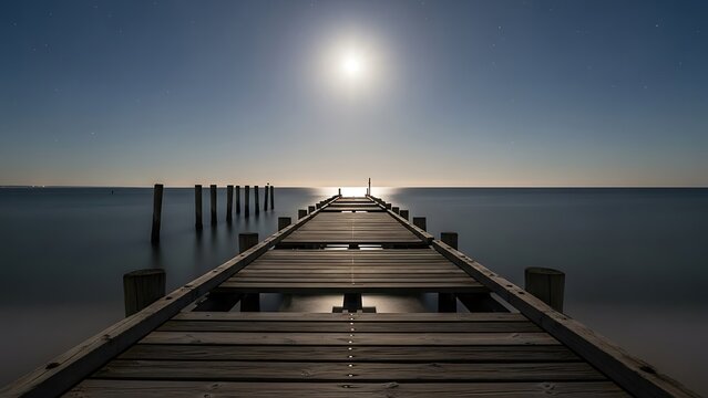 Long wooden pier stretching towards a bright moonlit horizon over a calm ocean