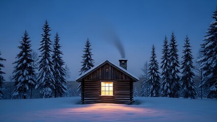 Cozy snow covered log cabin illuminated by warm light in a winter forest