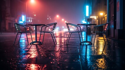 Empty outdoor cafe seating reflects neon lights on a rainy night