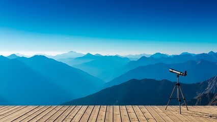 Telescope on a wooden deck overlooking vast blue mountain ranges under a clear sky
