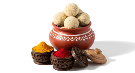 Traditional Indian sweet Til Ladoo in earthen pot with Haldi Kumkum for Makar Sankranti festival