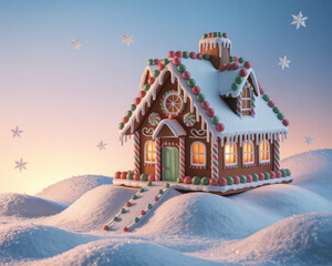 Gingerbread house in snowy landscape with snowflakes