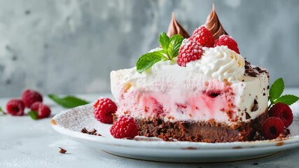 Slice of layered berry and chocolate cake on plate, garnished with mint raspberries