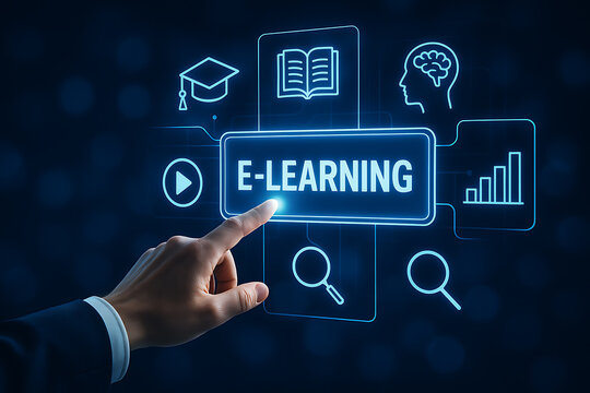 Futuristic e learning interface with glowing technology icons representing online education digital training knowledge and remote learning