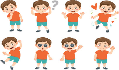 Cute cartoon boy character set showing different emotions, playful poses, joyful activities, expressive gestures, happy kids illustration bundle for design