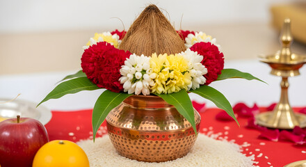 Traditional Hindu Kalash puja setup with copper pot, coconut, and flowers for religious ceremony