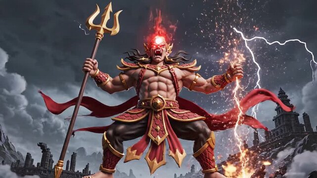 Legendary warrior summoning elemental storms amidst fiery chaos and dark skies